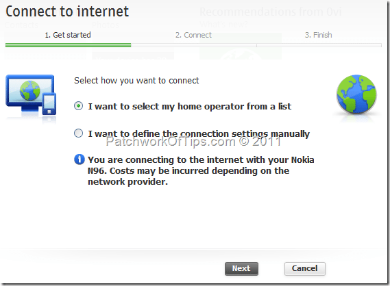 Select A Nokia Ovi Suite Internet Connection Option