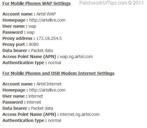 Airtel Nigeria's Internet Settings For Mobile Phones & USB Modems