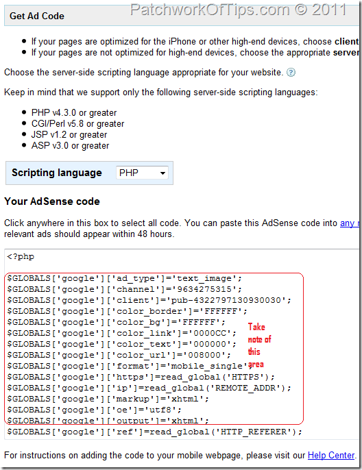 Google Adsense for Mobile Content PHP Code