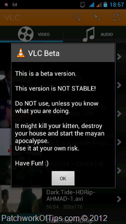 VLC For Android Beta Warning