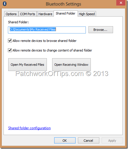 PC Bluetooth Shared Folder Settings