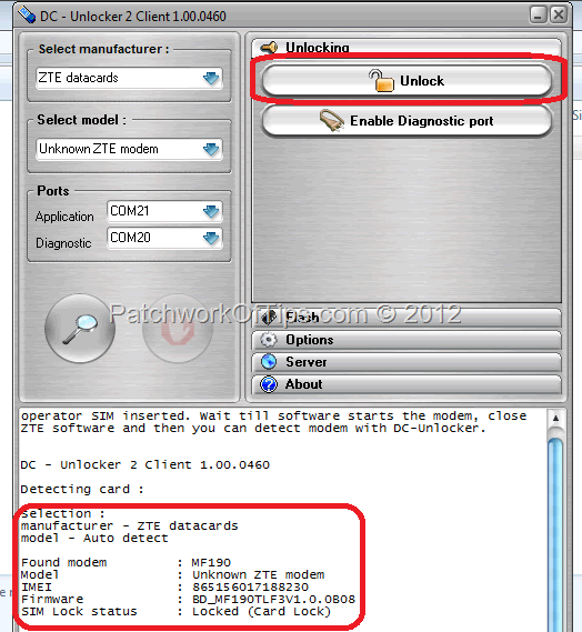 Locked ZTE modem status