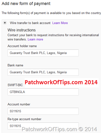 Adsense Wire Payment Settings GTBank Nigeria