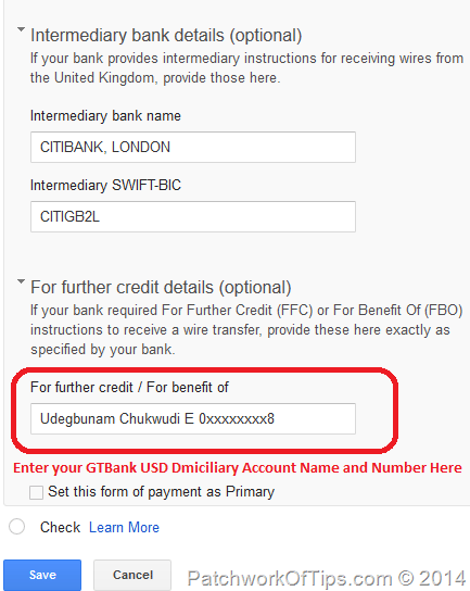 Intermediary Bank Details For GTBank Nigeria International Wire Transfer