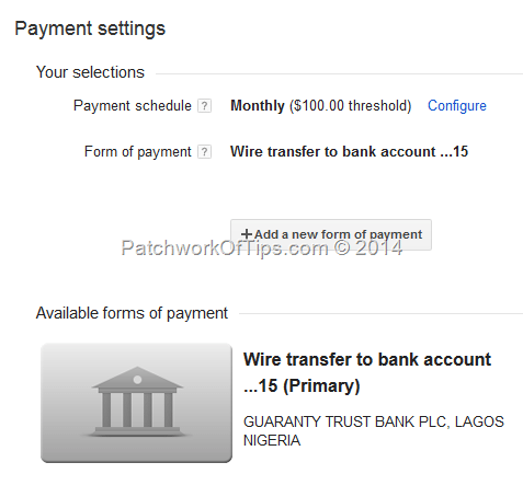 Google Adsense Wire Transfer Enabled Payment Settings