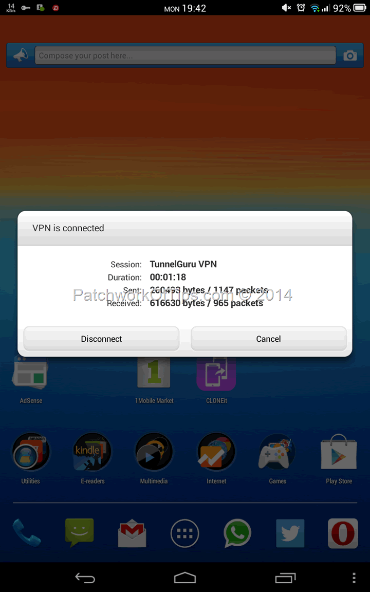 TroidVPN's TunnelGuru Connected On Android KitKat 4.4.2