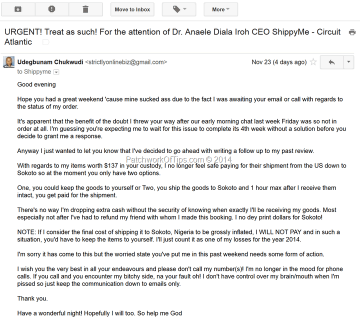 Email to CEO ShippyMe - Circuit Atlantic