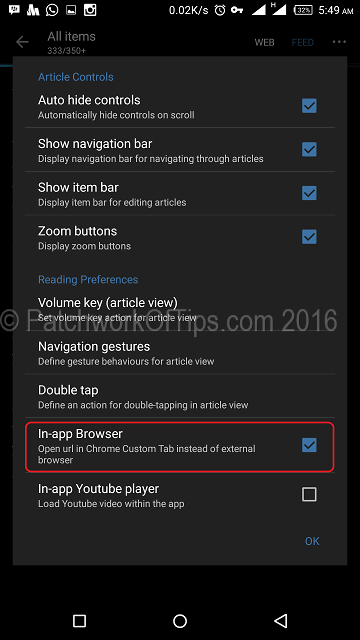 Disable GReader for Android In App Browser