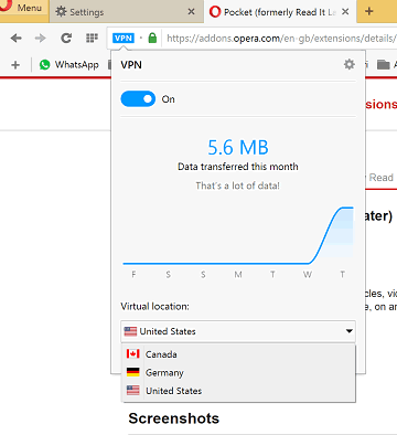 Opera Free VPN Virtual Locations 2