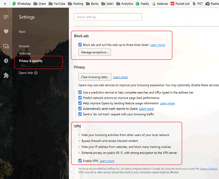 Opera Free VPN and AdBlock