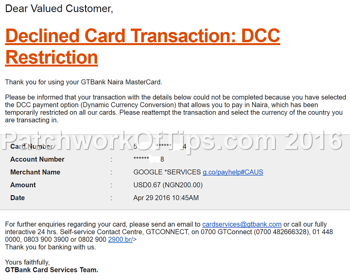 GTBank Google Play Declined Transaction