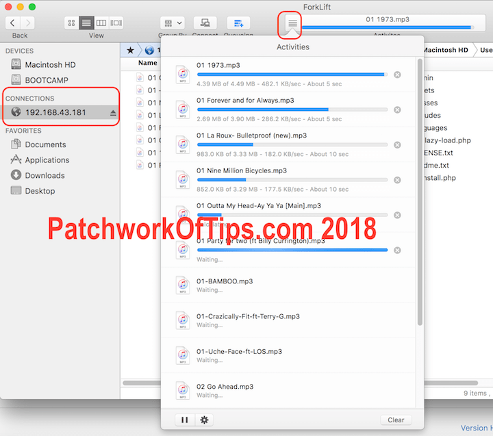 Mi File Manager Mac OS ForkLift FTP Server File Transfer In Progress