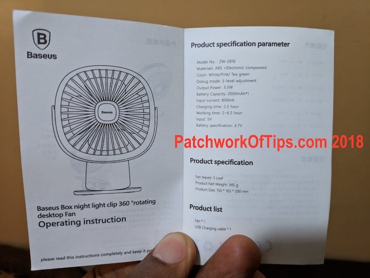 BaseUS USB Fan English Manual Specs